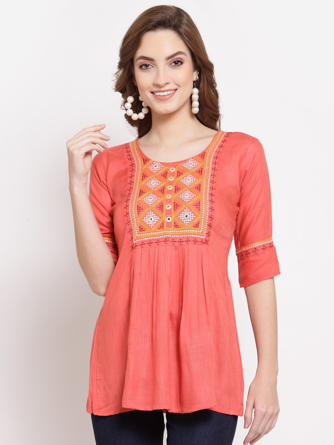 

SERONA FABRICS Pink & Yellow Floral Embroidered Kurti