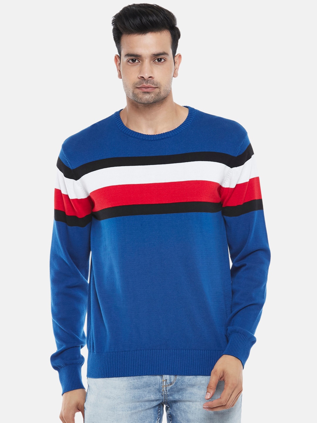 

BYFORD by Pantaloons Men Blue & White Striped Pure Cotton Pullover