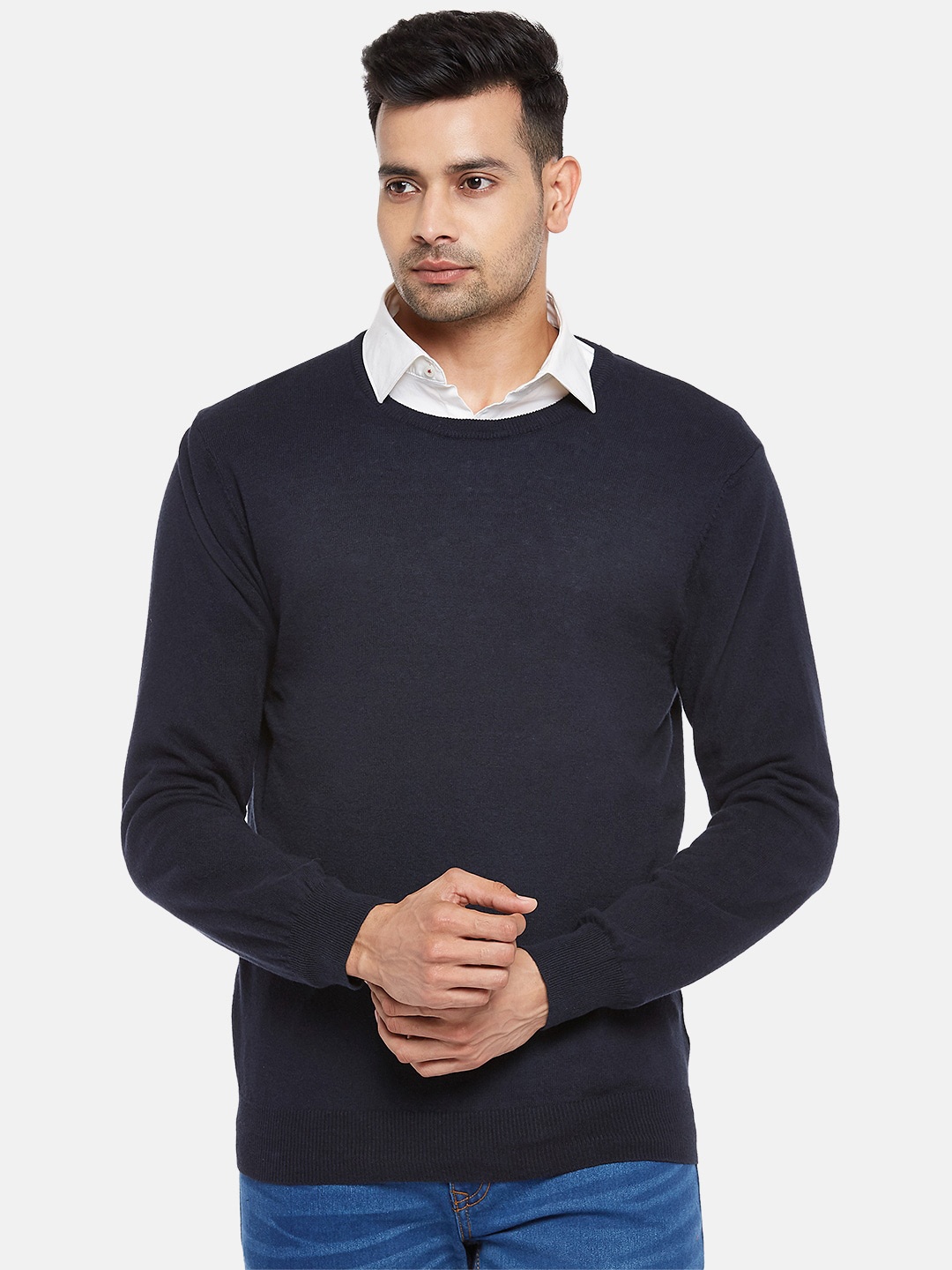 

BYFORD by Pantaloons Men Navy Blue Pure Cotton Pullover