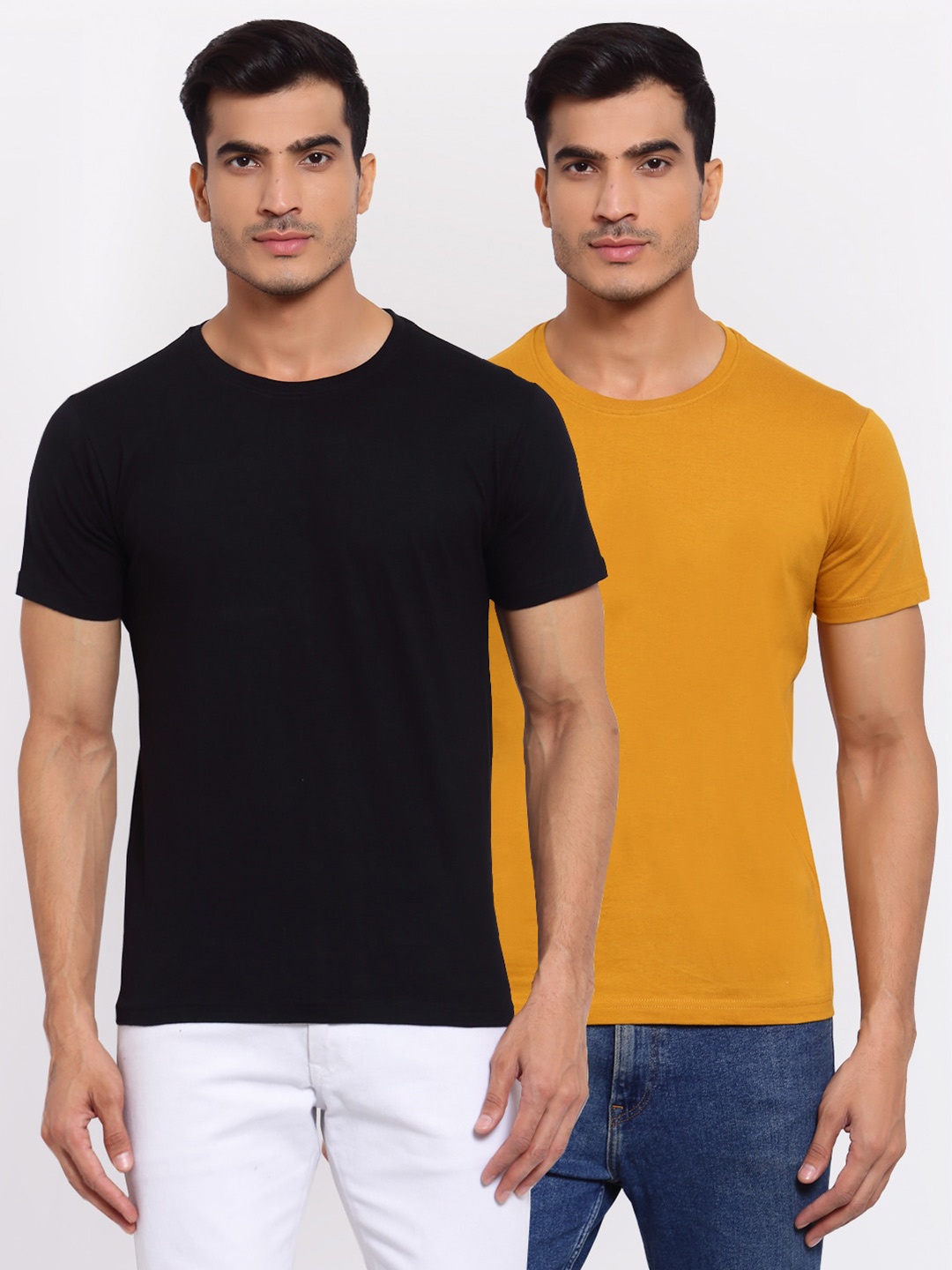 

FERANOID Men Pack Of 2 Black & Mustard Yellow T-shirt