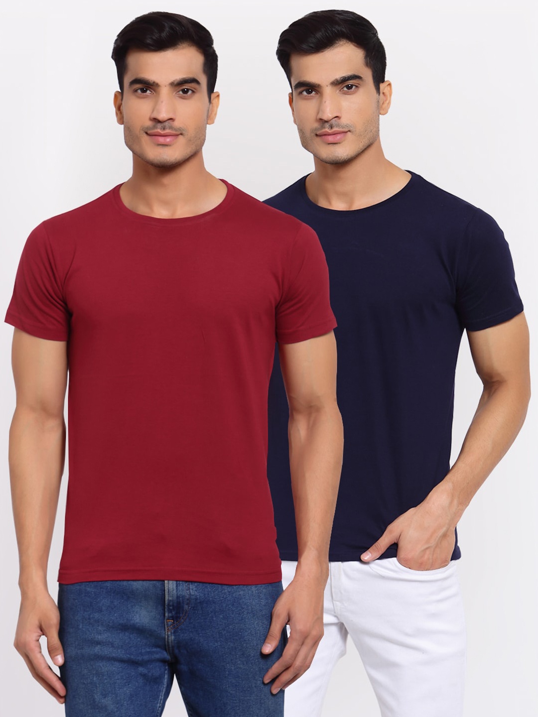 

FERANOID Men Pack Of 2 Maroon & Navy Blue Solid T-shirts