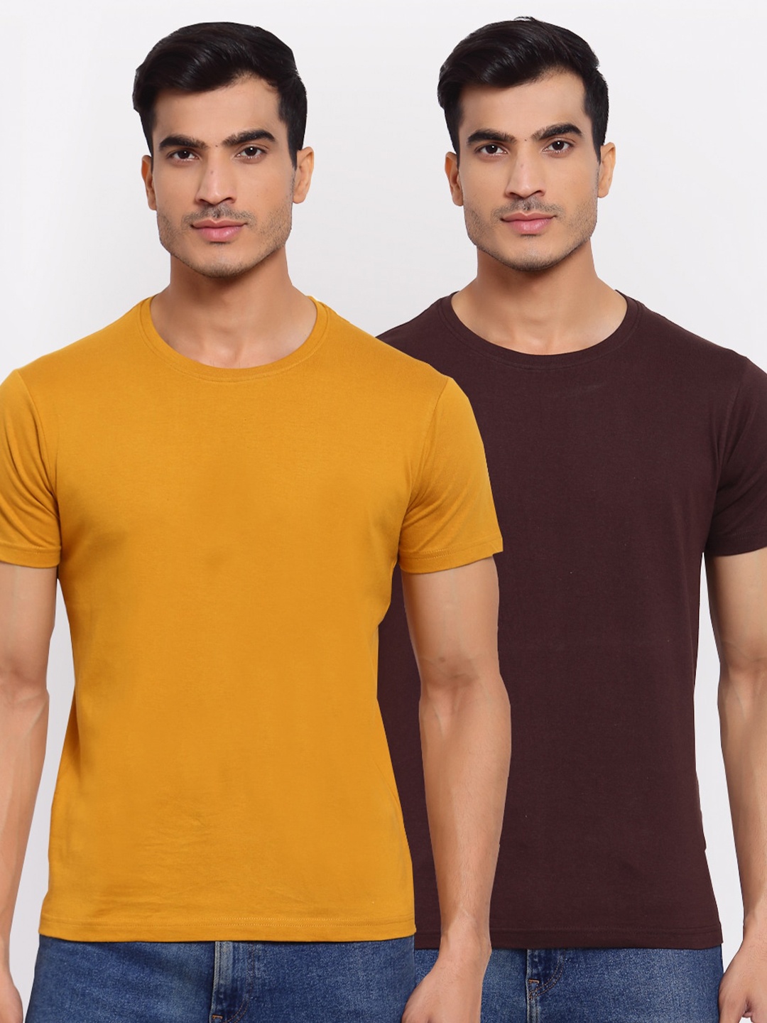 

FERANOID Men Mustard Yellow & Brown Set Of 2 Cotton T-shirts