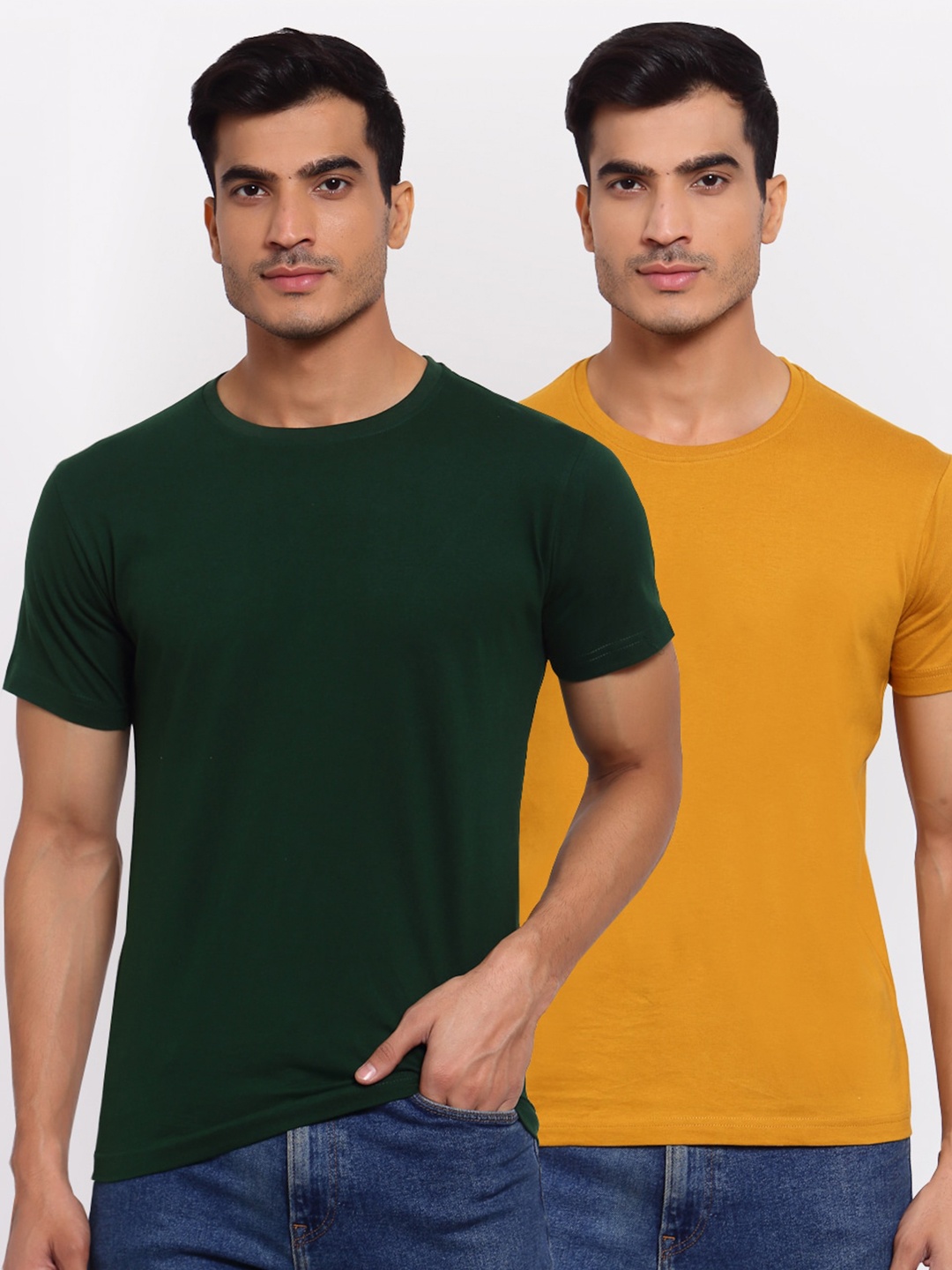 

FERANOID Men Pack of 2 Green & Mustard Yellow T-shirt