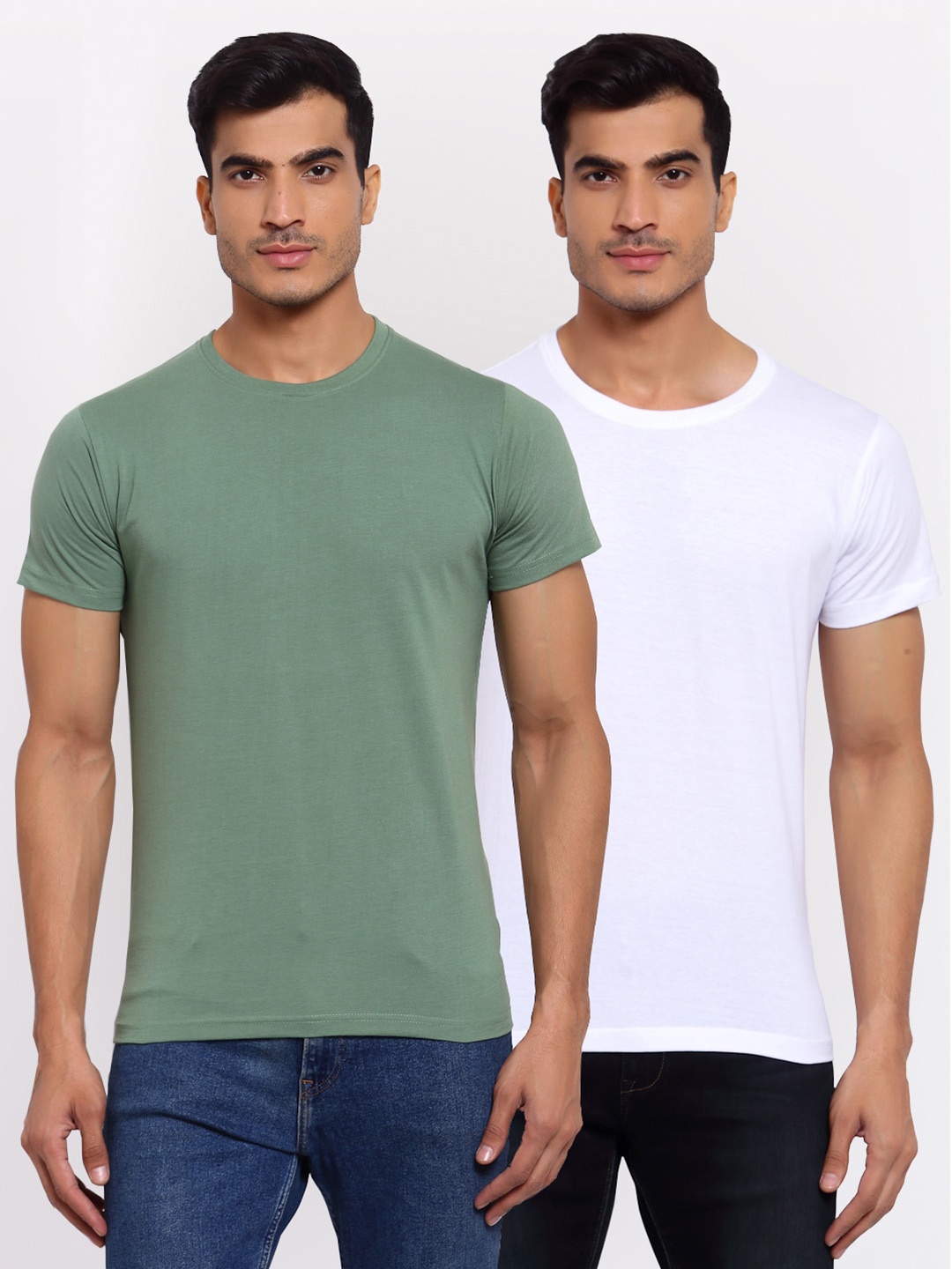 

FERANOID Men Pack Of 2 Green & White Solid T-shirts