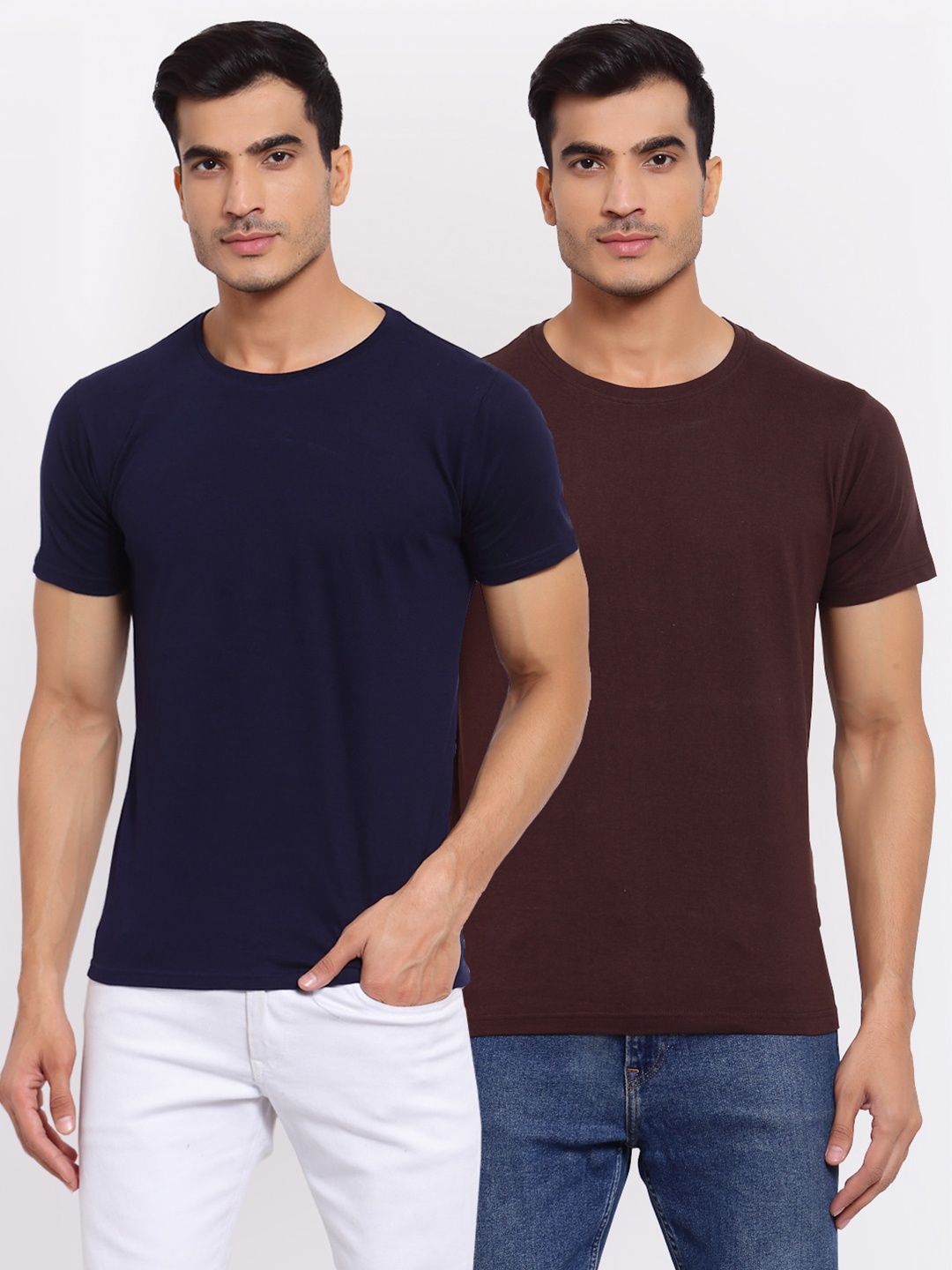 

FERANOID Men Pack Of 2 Navy Blue & Brown Solid T-shirts
