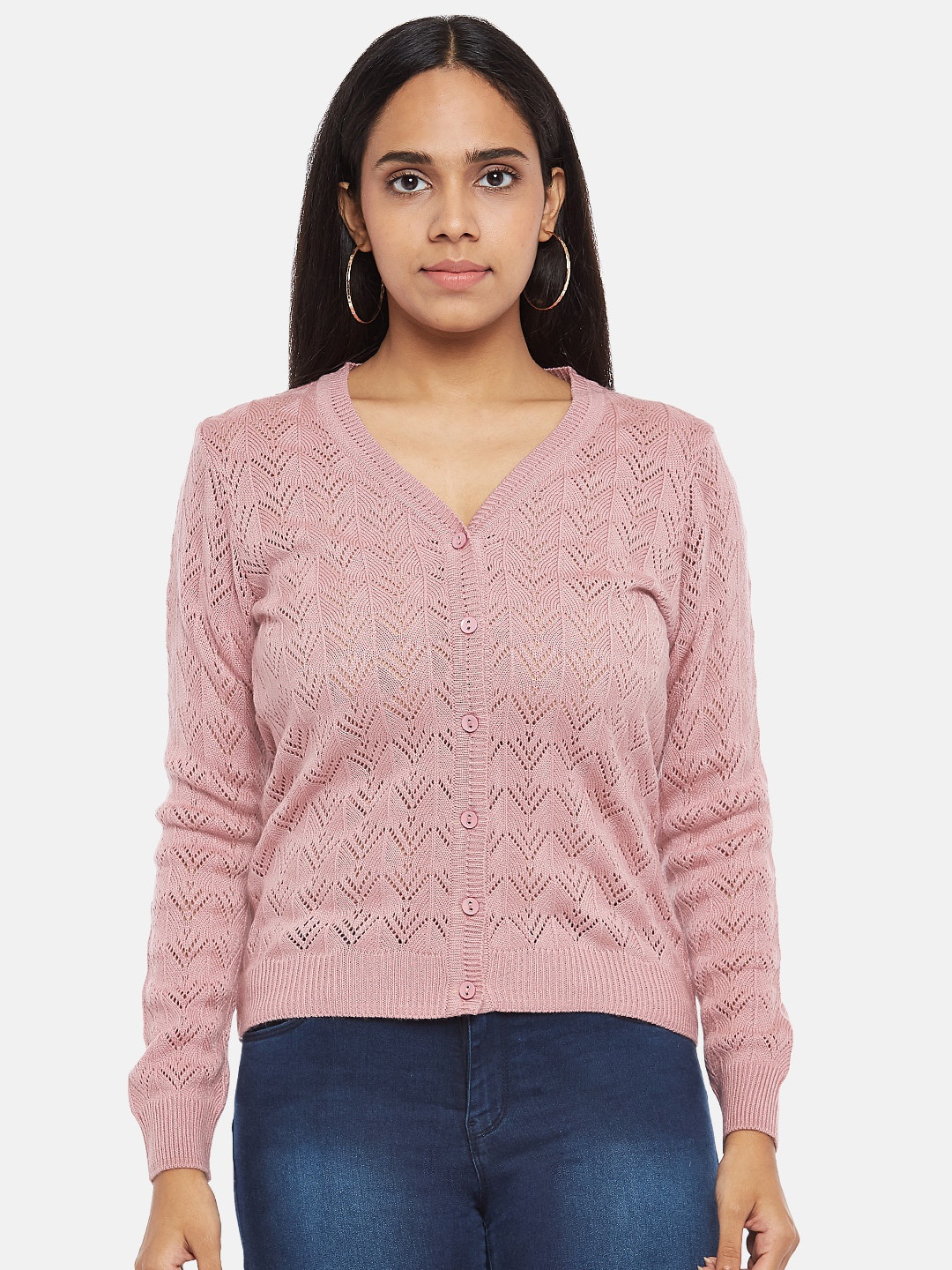 

Honey by Pantaloons Women Pink Self Designed Cardigan Acrylic Sweater