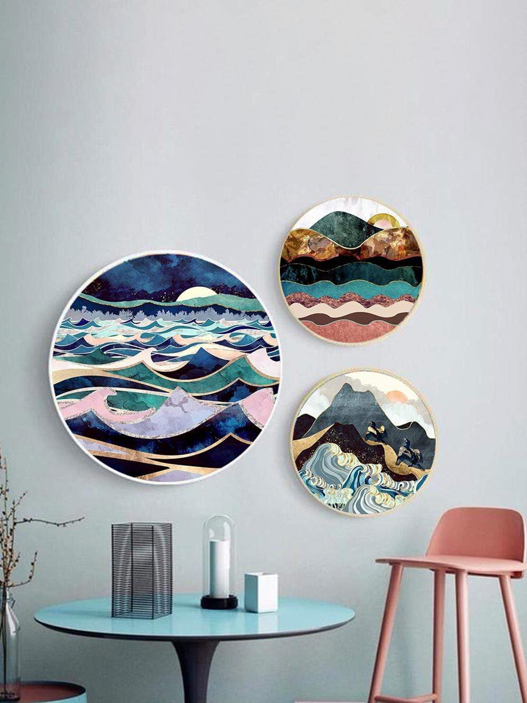 

THE ARTMENT Set of 3 Multicoloured Color Tide Canvas Matte Finish Wall Art, Multi