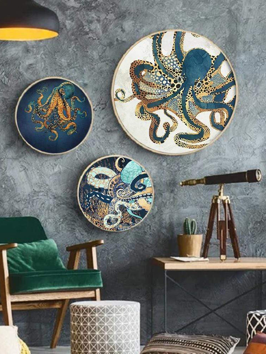 

THE ARTMENT Set Of 3 Blue Wise Old Octopus Canvas