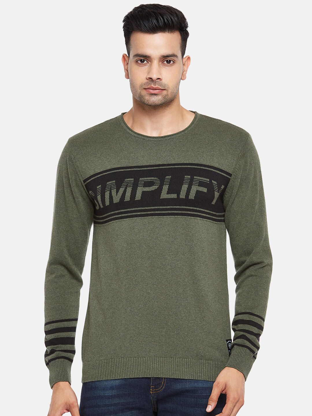 

People Men Olive Green & Black Typography Printed Pure Cotton Pullover
