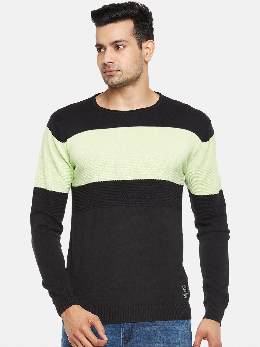 

People Men Black & Green Colourblocked Pure Cotton Pullover