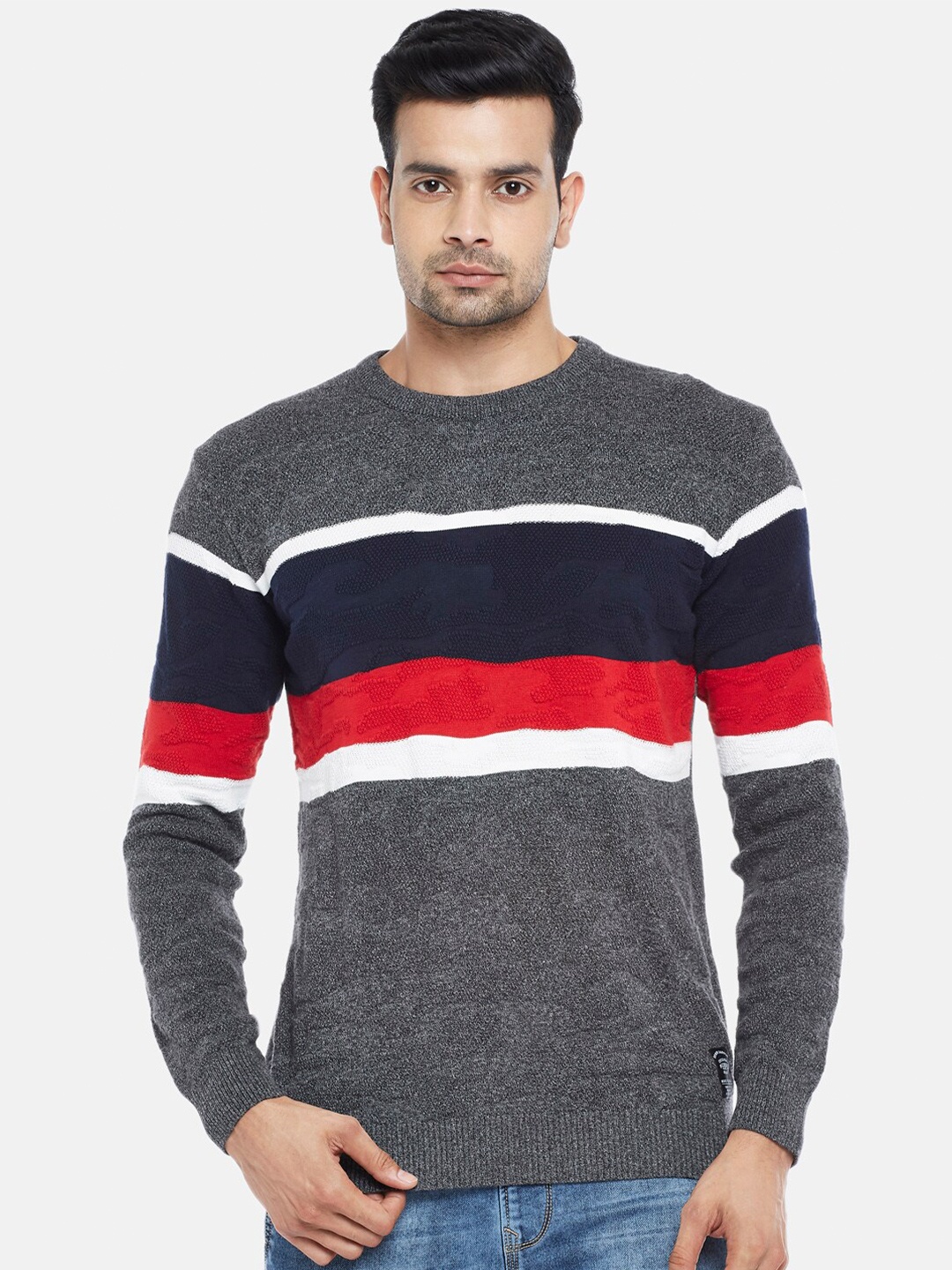 

People Men Grey & Navy Blue Colourblocked Round NeckPullover