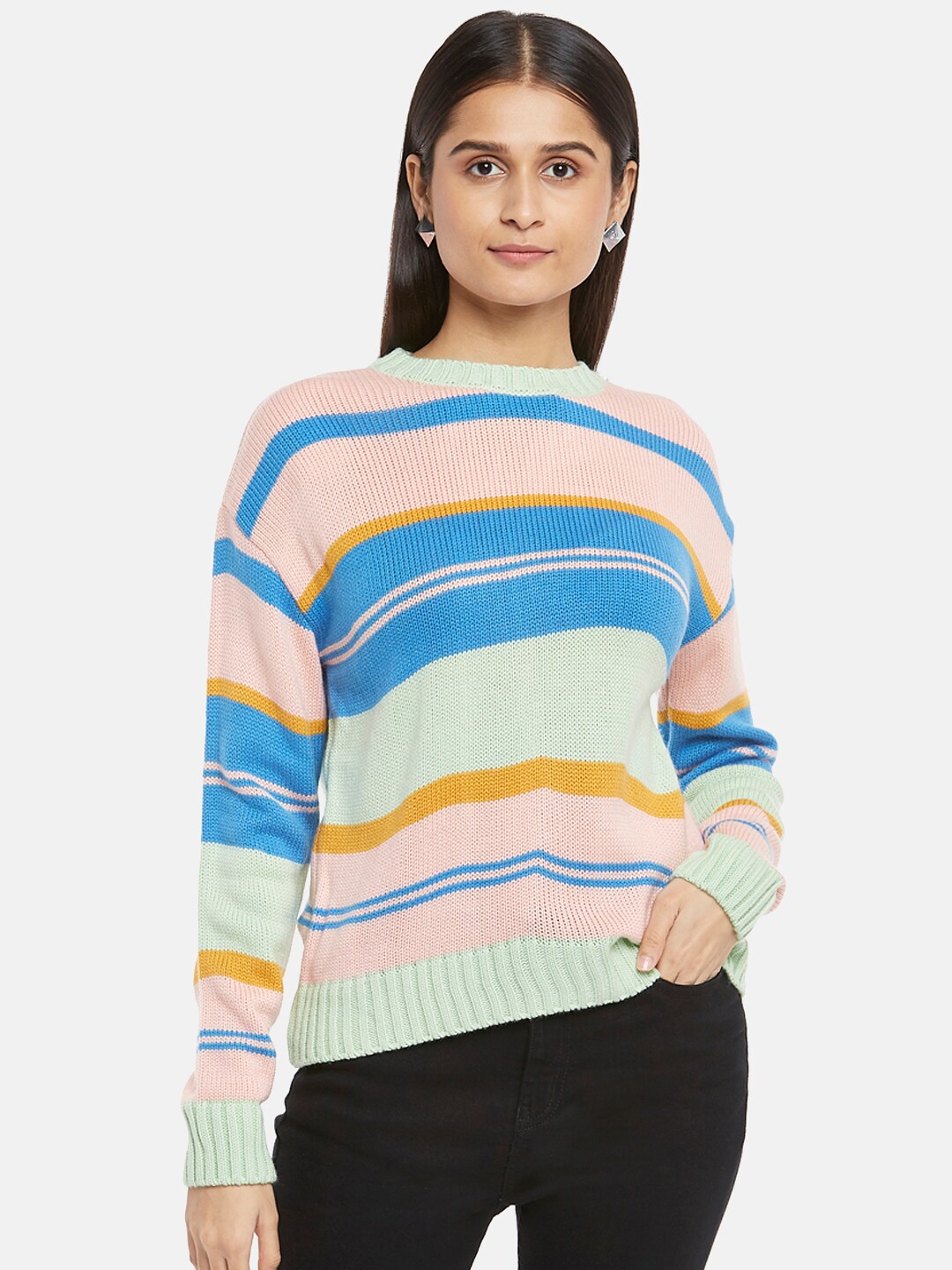 

People Women Green & Blue Acrylic Striped Pullover