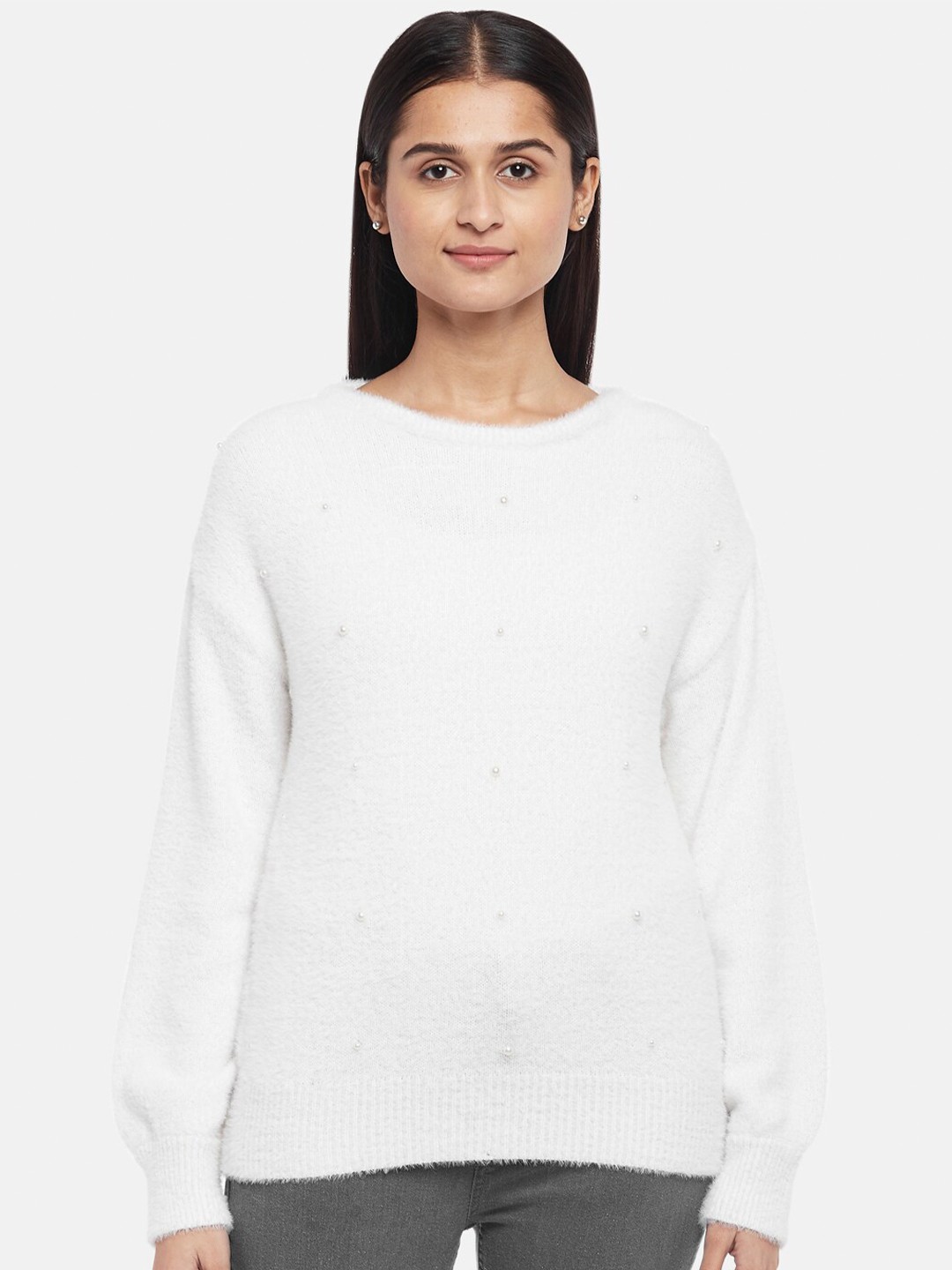 

People Women Off White Pure Acrylic Pullover Sweater with Pearls Detail