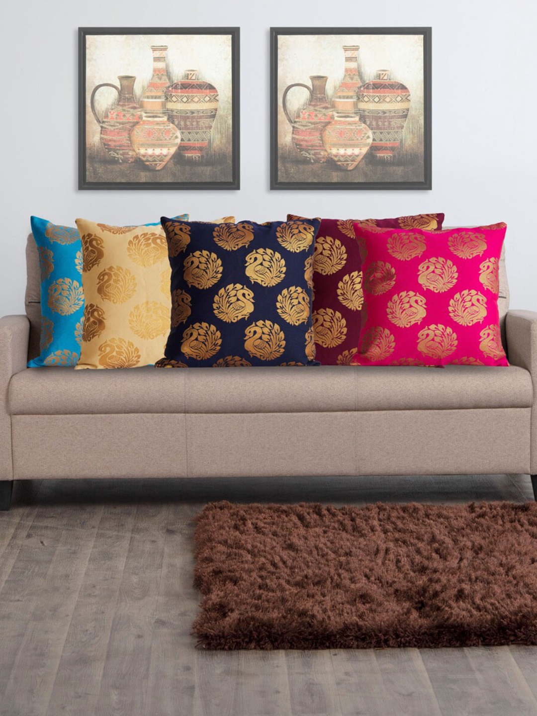 

Home Centre Set Of 5 Assorted Ethnic Motifs Brocade Square Cushion Covers
