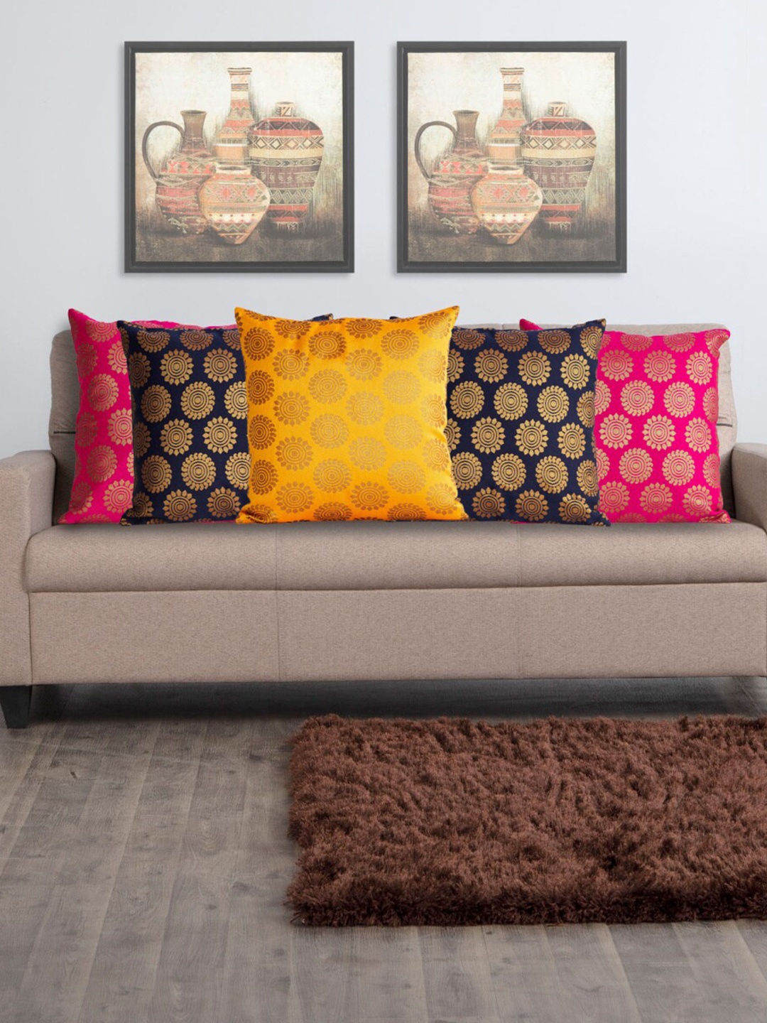 

Home Centre Pink & Yellow Set of 5 Ethnic Motifs Square Cushion Covers