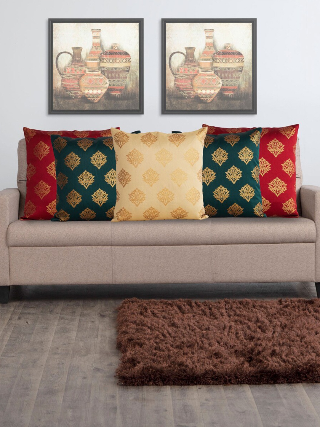 

Home Centre Set Of 5 Corsica Multicolour Brocade Cushion Cover, Maroon