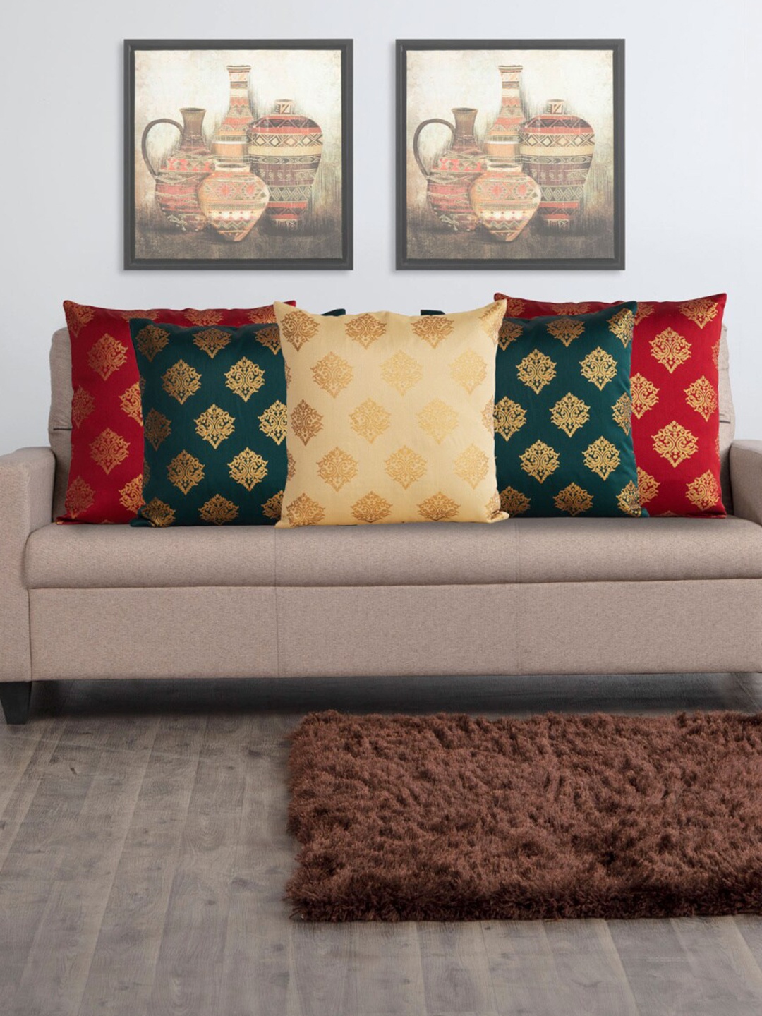 

Home Centre Maroon & Green Set of 5 Ethnic Motifs Square Cushion Covers