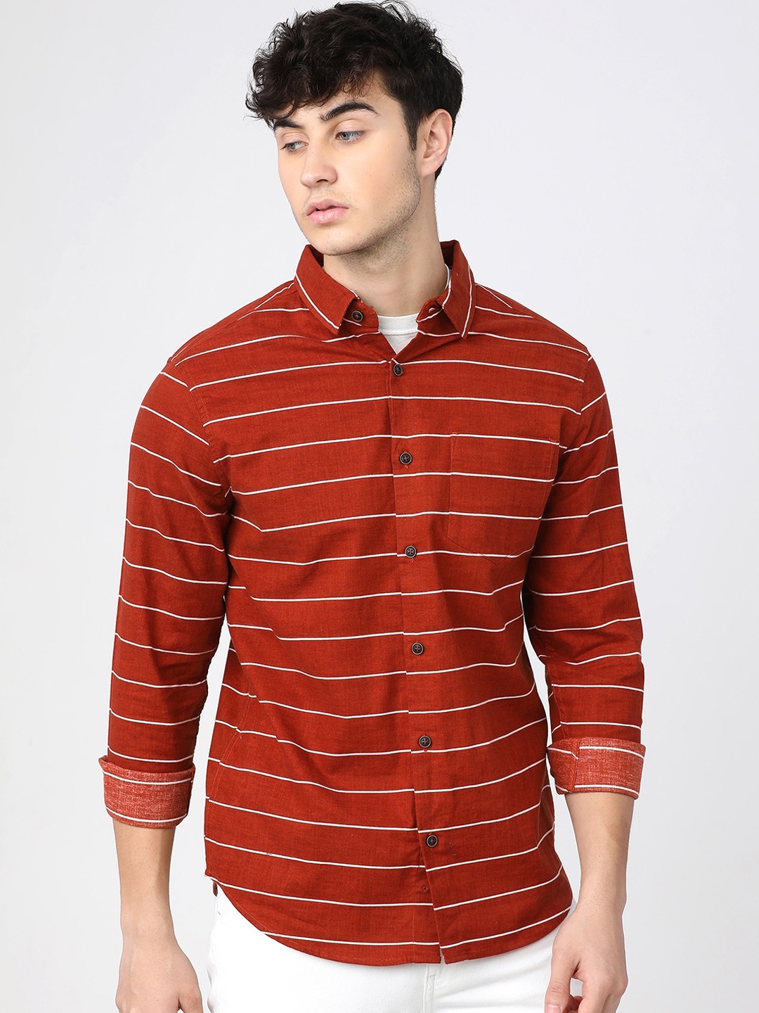

KETCH Men Rust Slim Fit Striped Casual Shirt