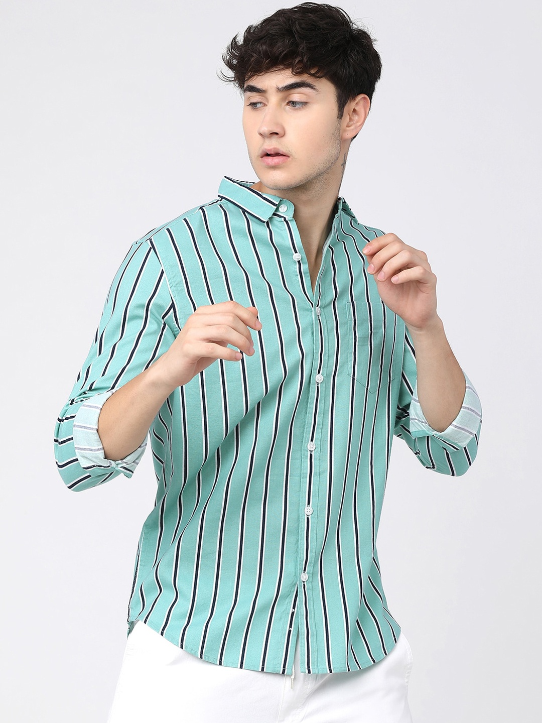 

KETCH Men Turquoise Blue Slim Fit Striped Casual Shirt