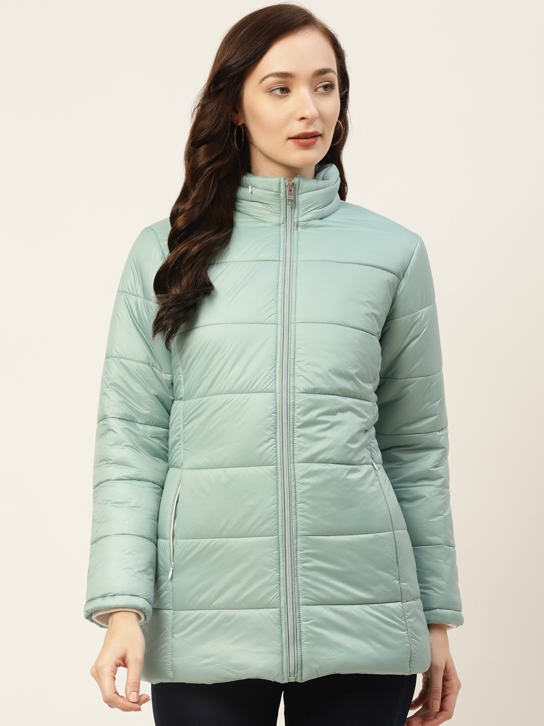 

Okane Women Mint Green Solid Padded Jacket with Detachable Hood