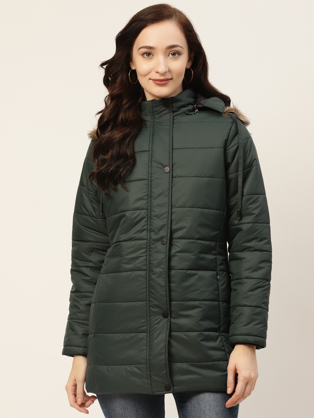

Okane Women Green Longline Parka Jacket with Detachable Hood