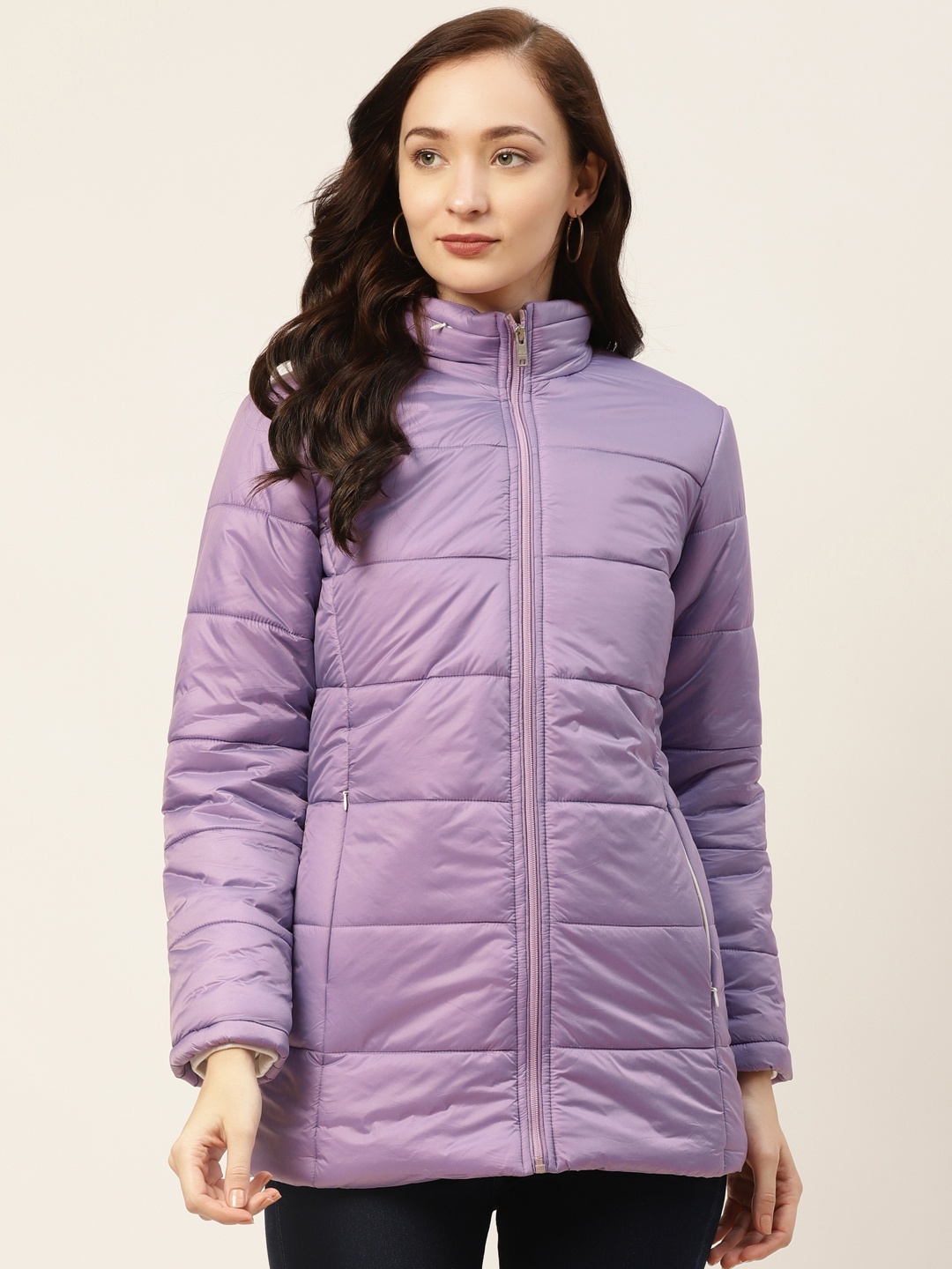 

Okane Women Purple Solid Padded Jacket with Detachable Hood