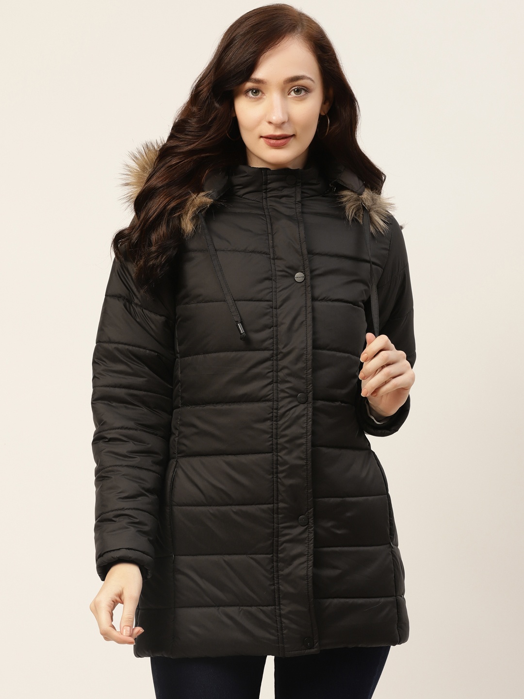 

Okane Women Black Solid Longline Parka Jacket with Detachable Hood