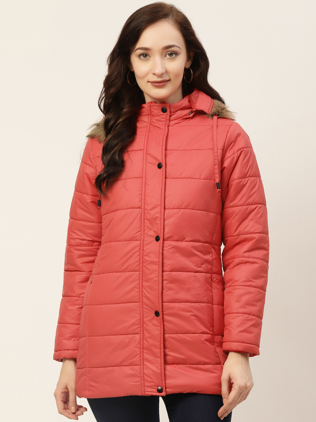 

Okane Women Red Solid Longline Parka Jacket with Detachable Hood