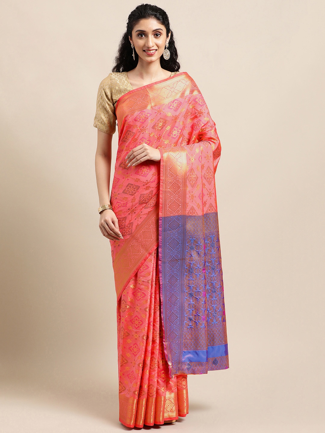 

Mitera Pink Zari Silk Blend Half and Half Patola Saree