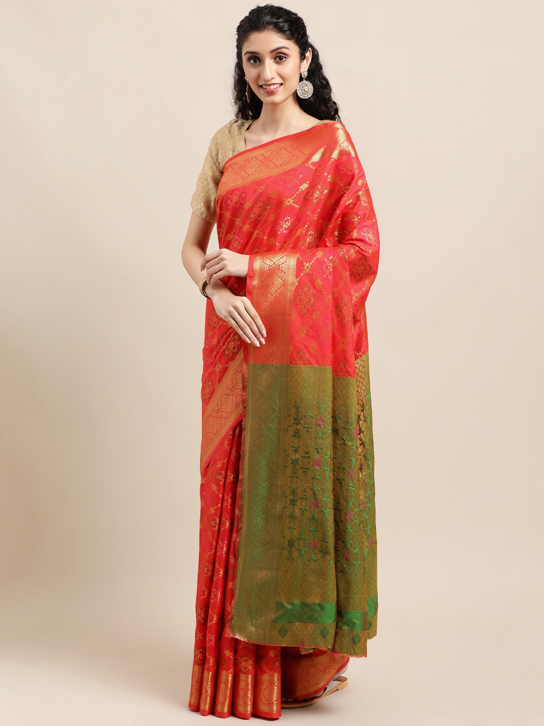 

Mitera Red Ethnic Motifs Zari Silk Blend Patola Saree