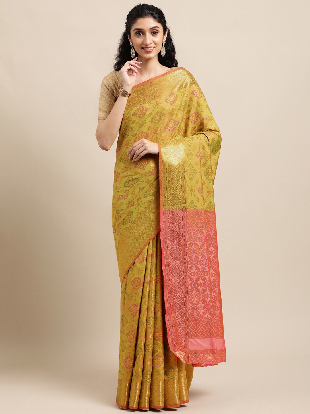 

Mitera Olive Green Ethnic Motifs Zari Silk Blend Patola Saree