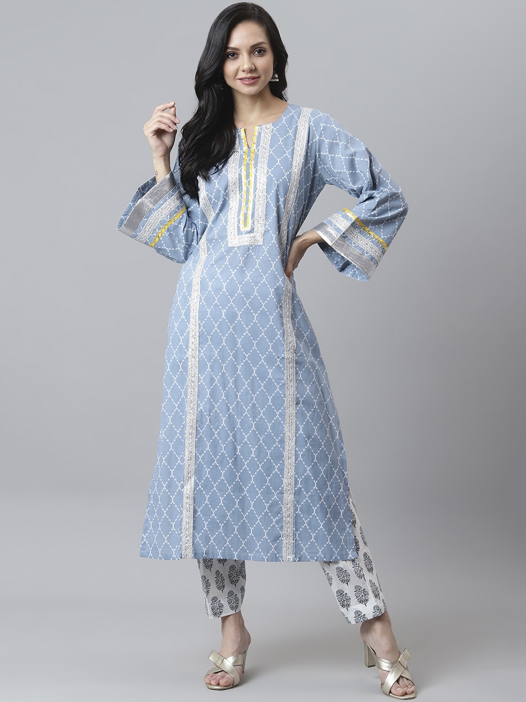 

maaisarah Women Blue Ethnic Motifs Printed Panelled Gotta Patti Pure Cotton Kurta with Trousers