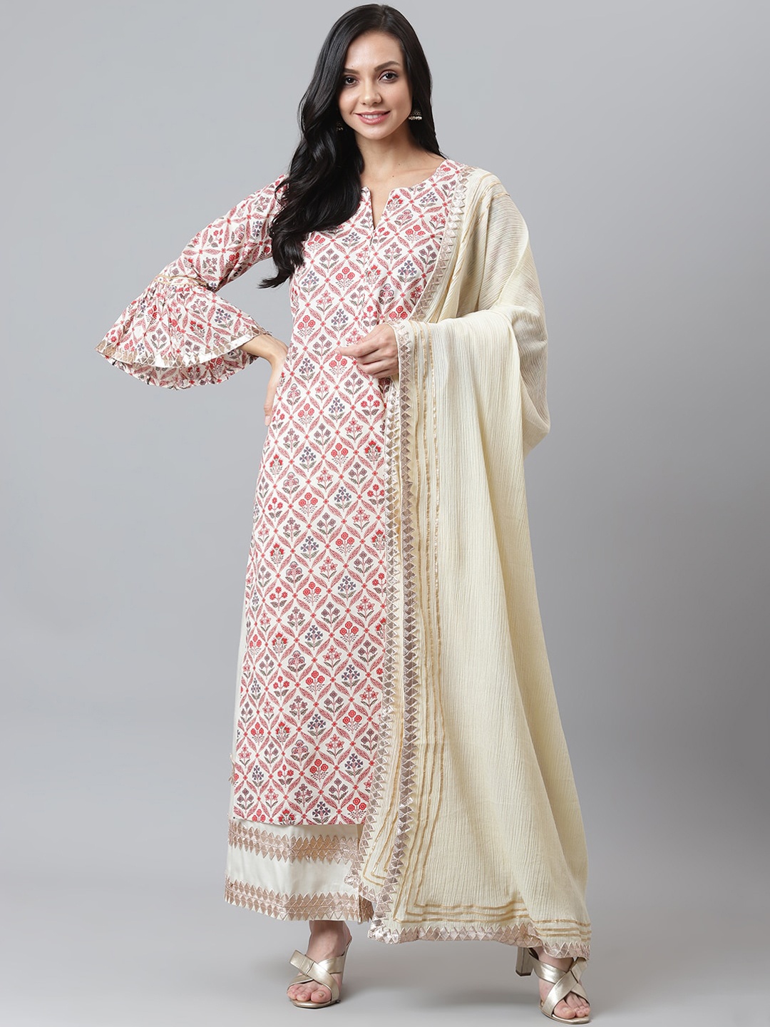 

maaisarah Women White Ethnic Motifs Printed Regular Gotta Patti Pure Cotton Kurta Set