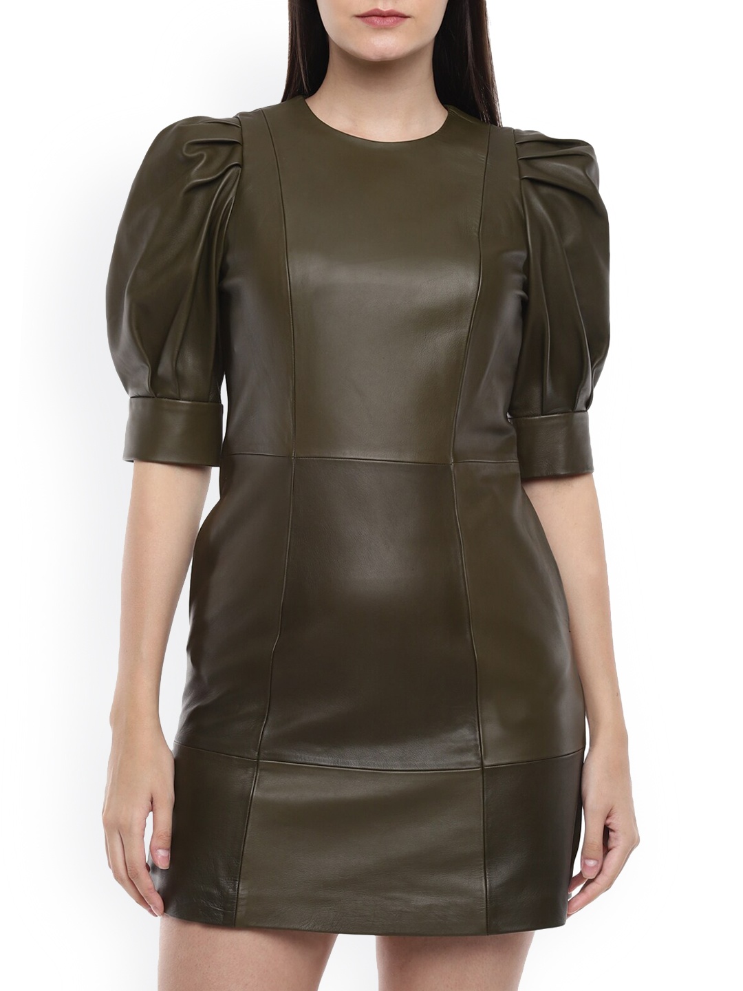 

Ted Baker Khaki Leather Sheath Puff Sleeves Midi Dress