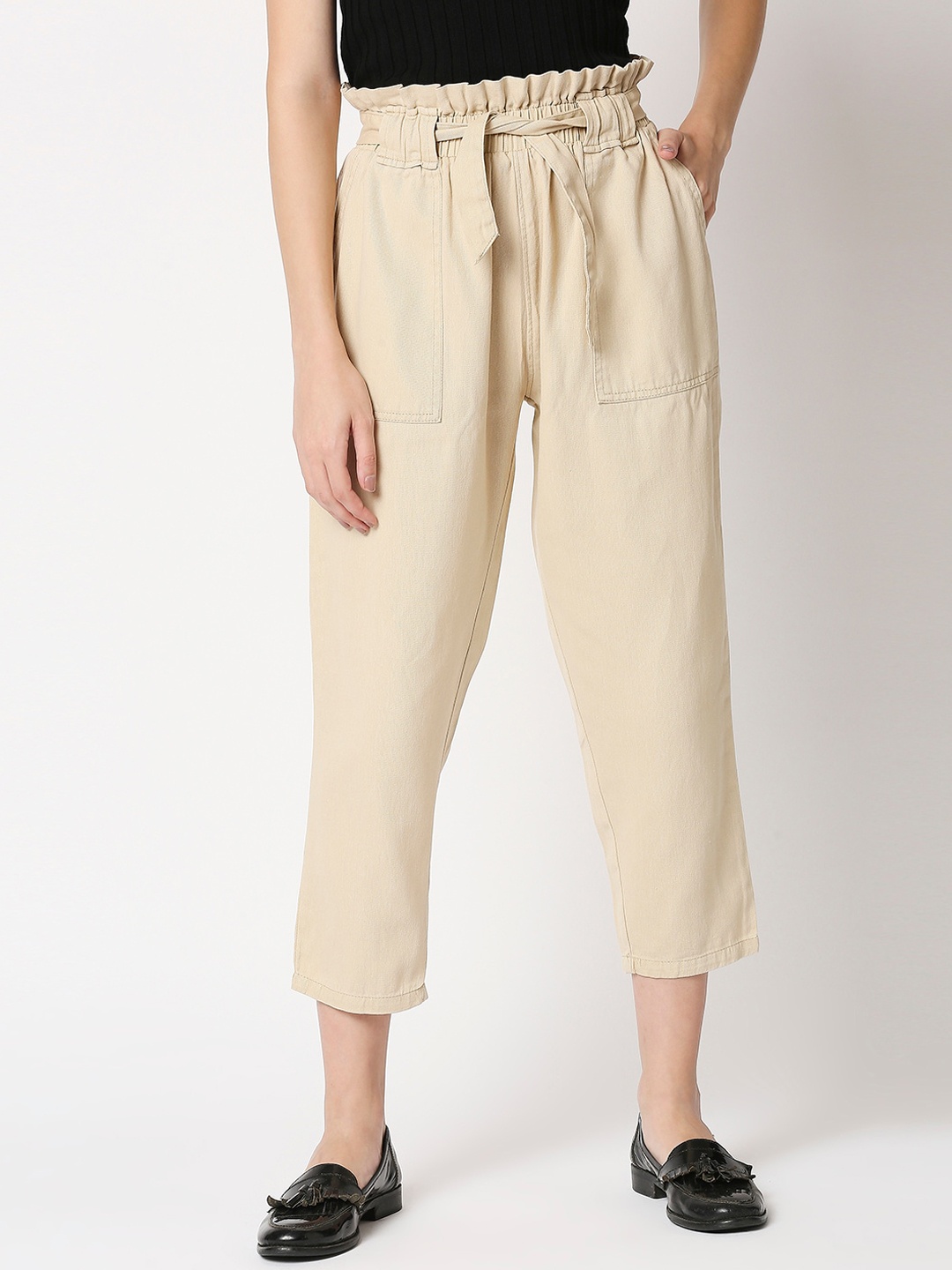 

High Star Women Cream-Coloured Straight Fit High-Rise Pure Cotton Trousers