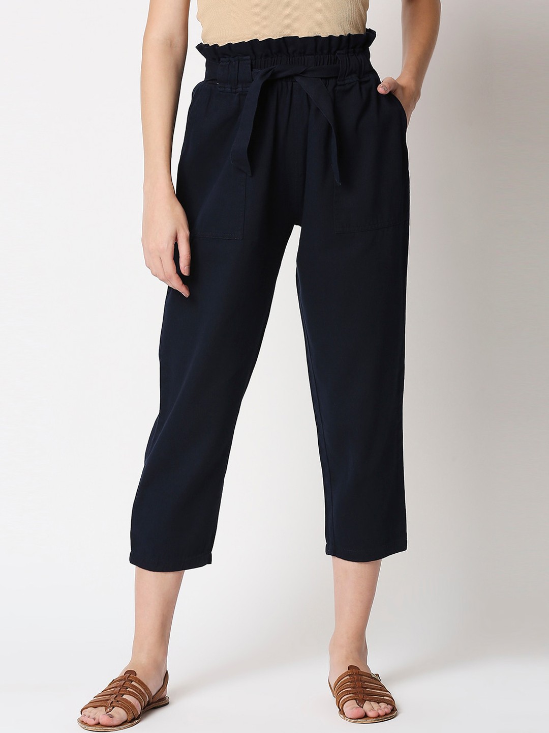 

High Star Women Navy Blue Straight Fit High-Rise Peg Trousers