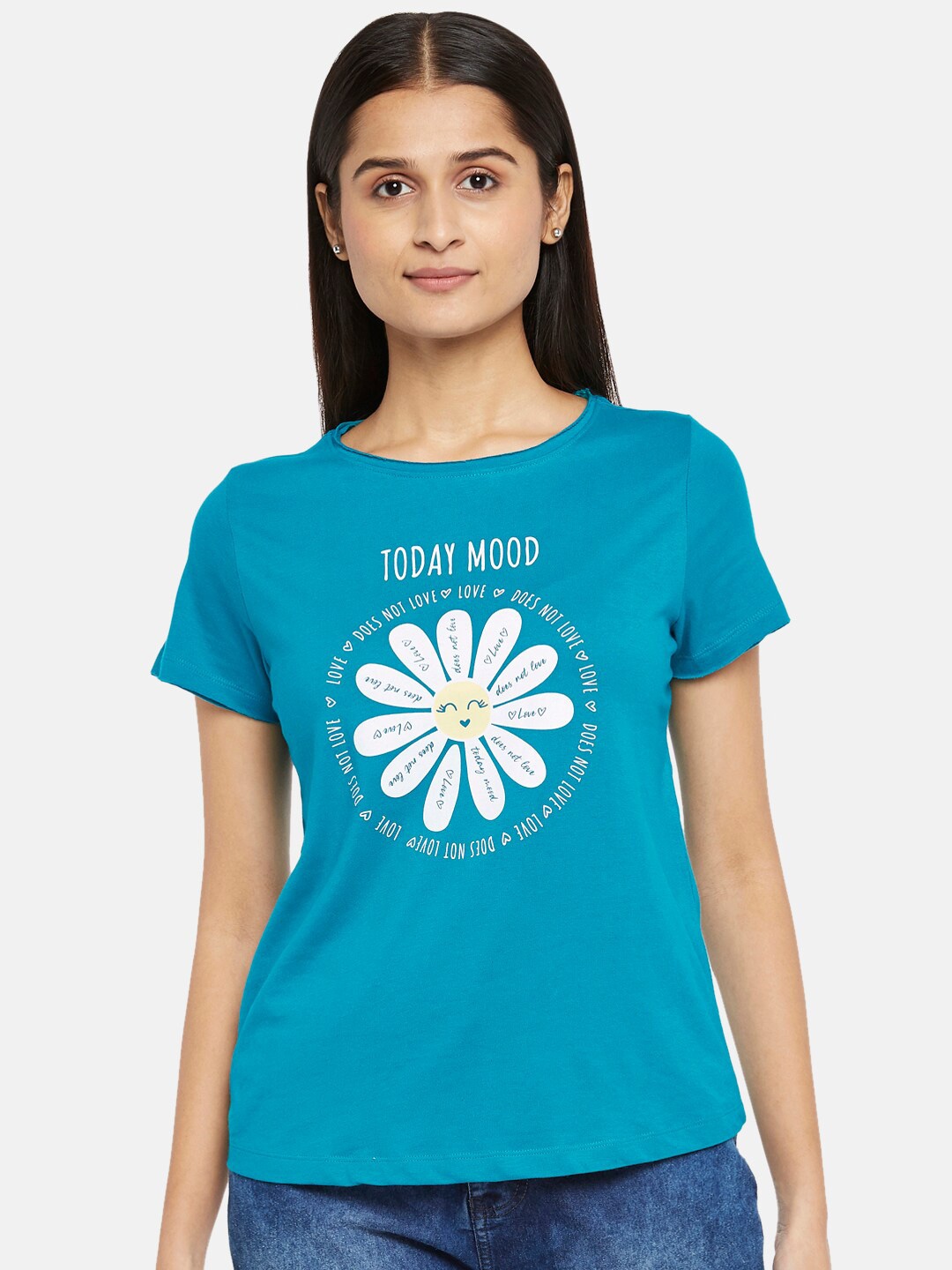 

People Women Blue Printed Extended Sleeves Organic Cotton T-shirt