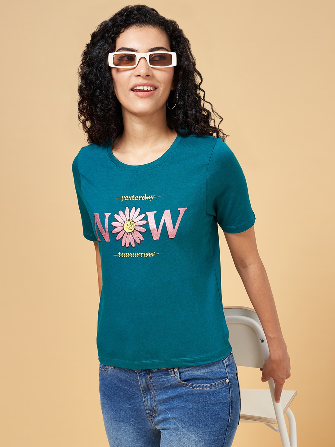 

People Women Teal & Pink Typography Printed Organic Cotton T-shirt