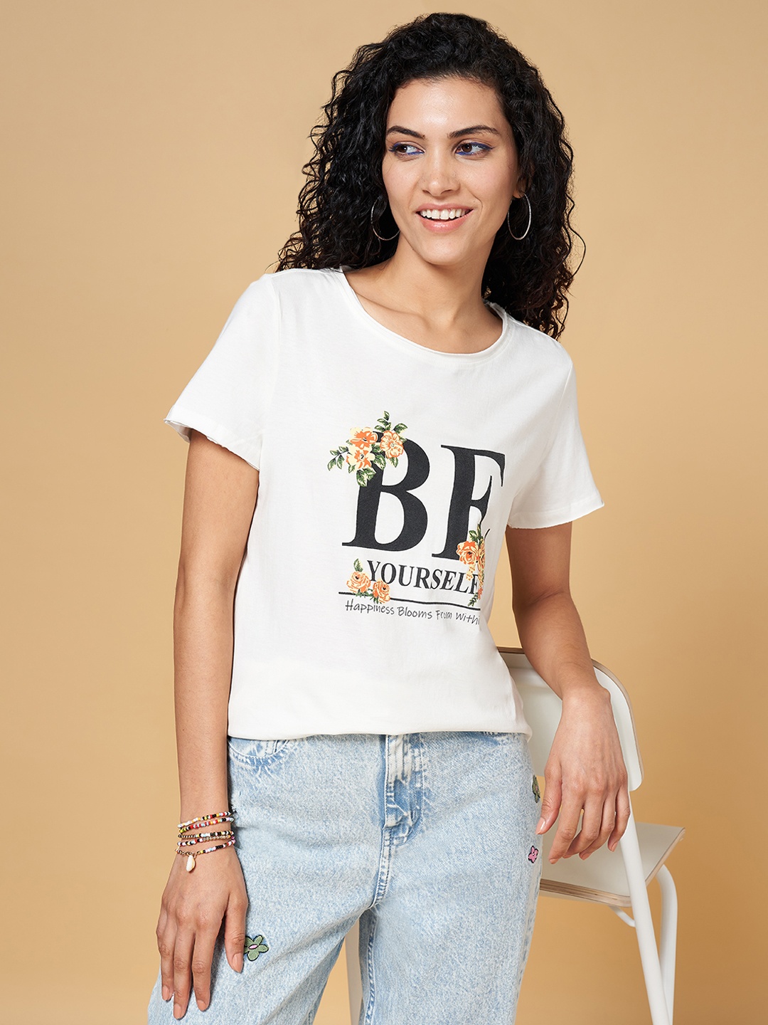 

People Women Off White Typography Printed Cotton T-shirt