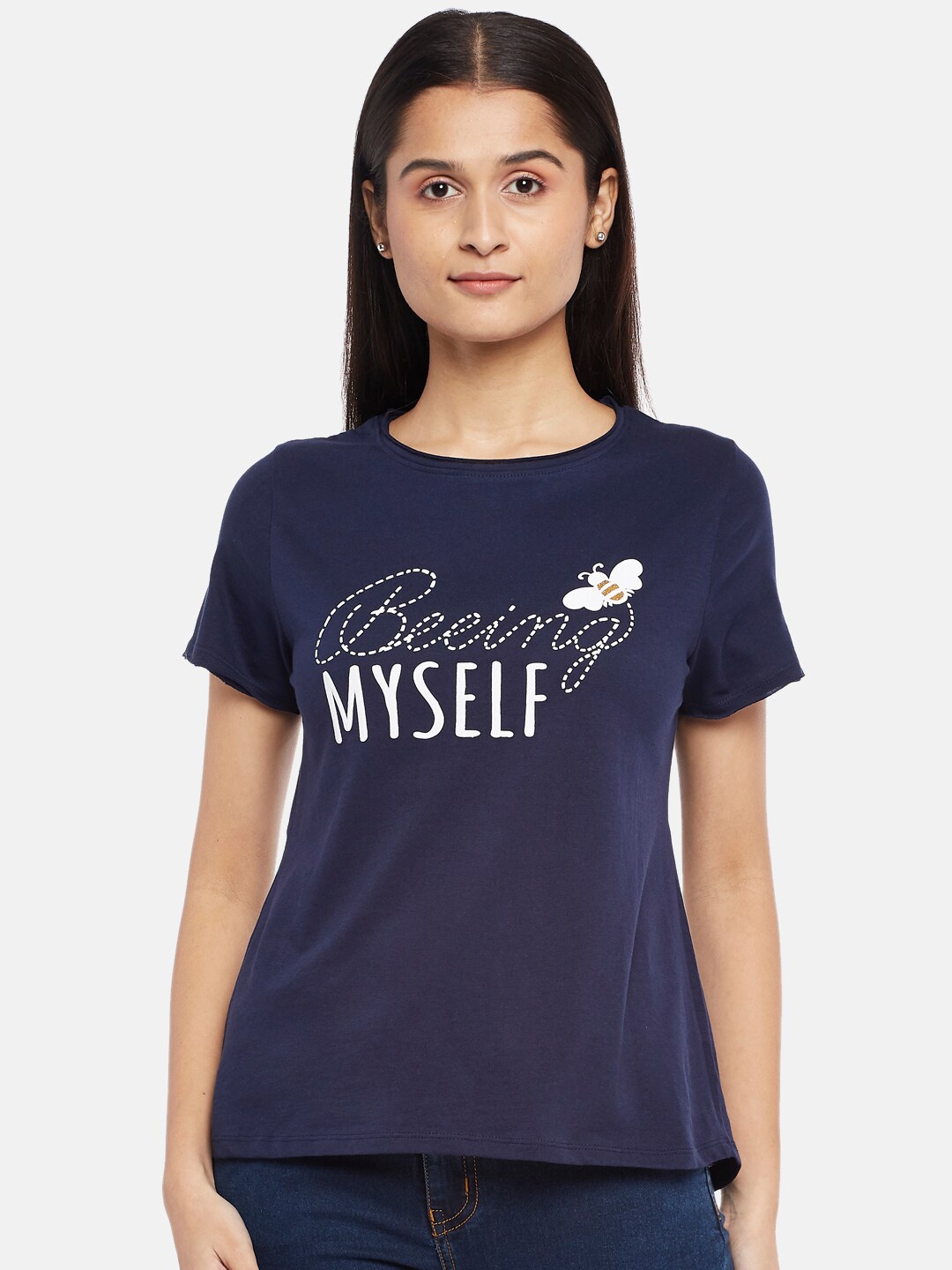 

People Women Navy Blue Cotton T-shirt