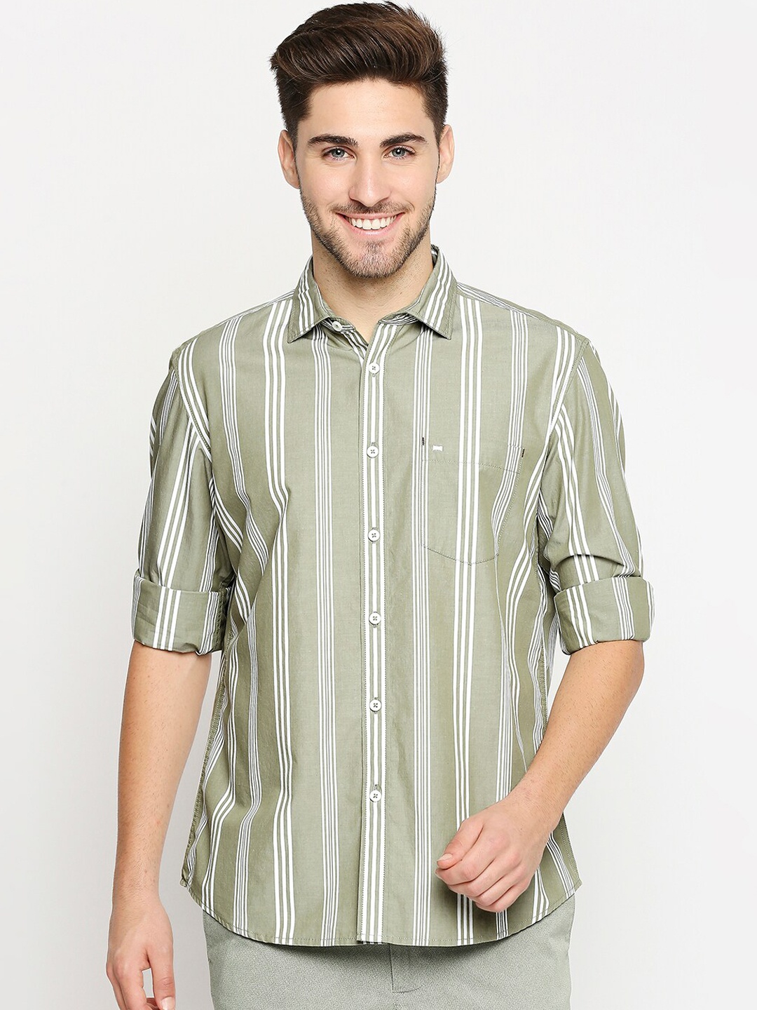 

Basics Men Green Slim Fit Opaque Striped Cotton Casual Shirt