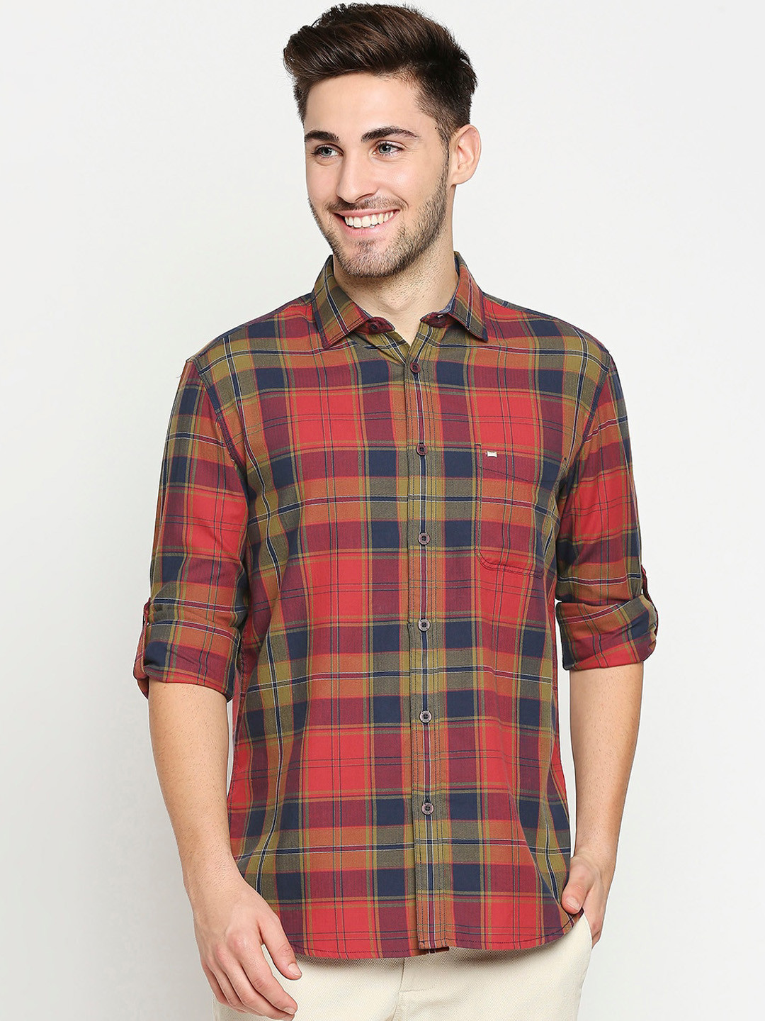 

Basics Men Red Slim Fit Tartan Checks Opaque Casual Shirt