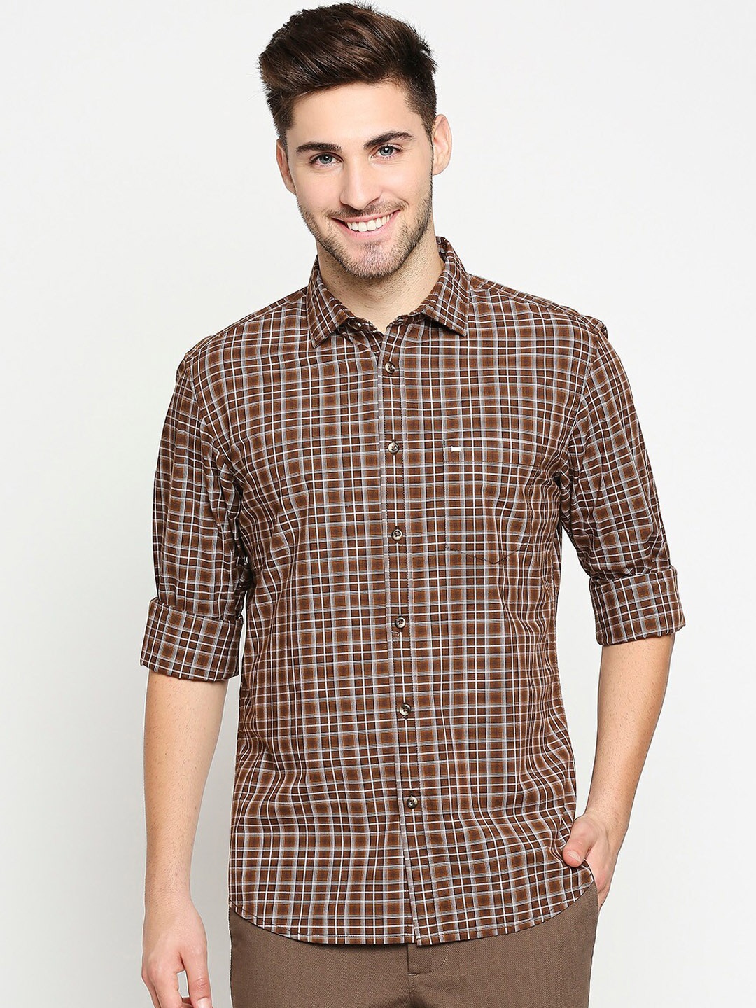 

Basics Men Brown Slim Fit Tartan Checks Opaque Checked Casual Shirt