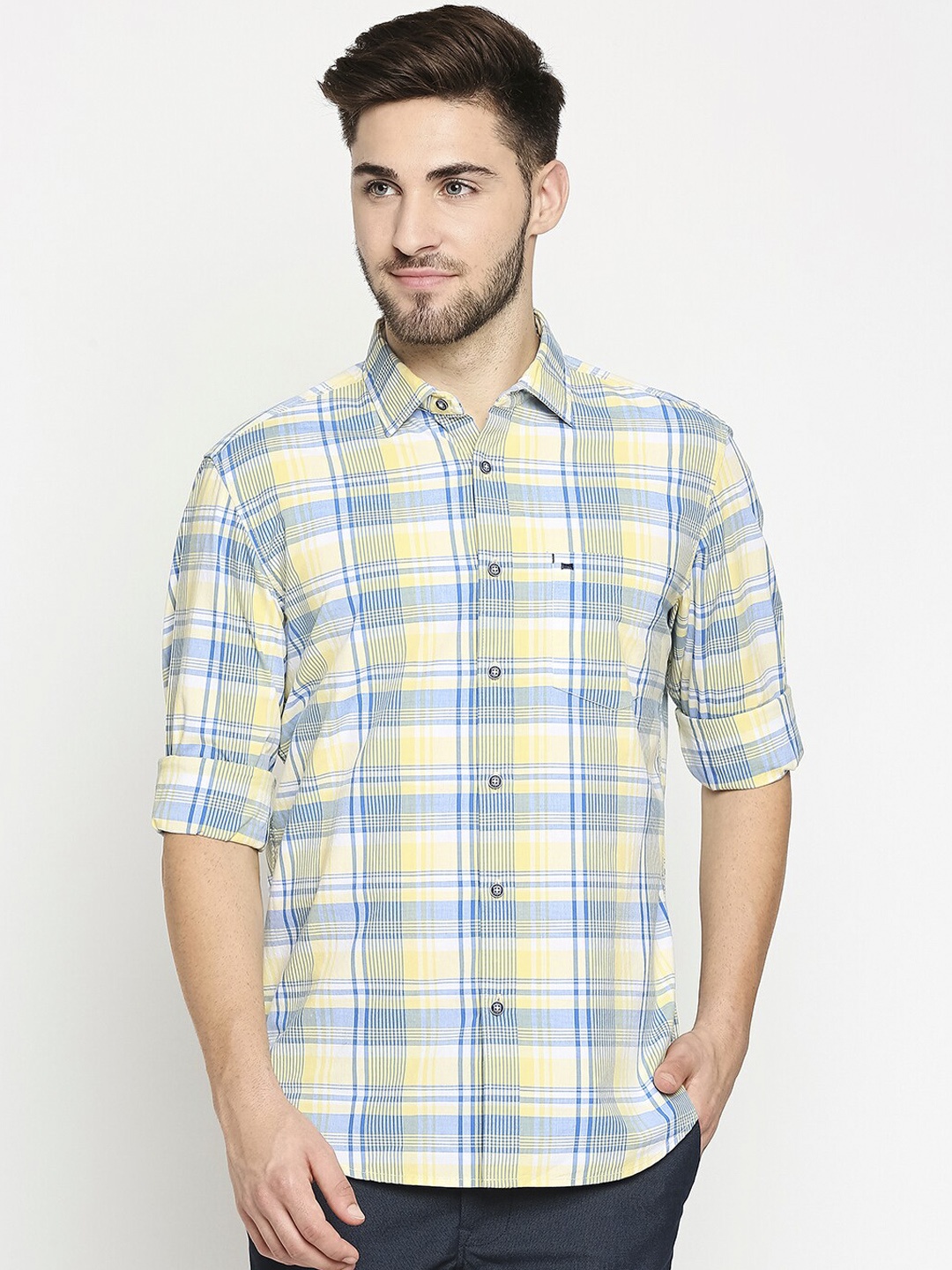 

Basics Men Yellow Slim Fit Tartan Checks Opaque Checked Casual Shirt