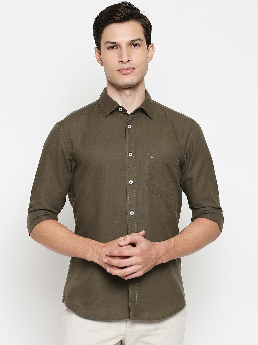 

Basics Men Olive Green Slim Fit Opaque Casual Shirt