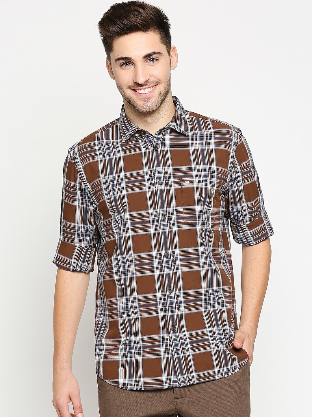 

Basics Men Brown & White Slim Fit Opaque Checked Casual Shirt
