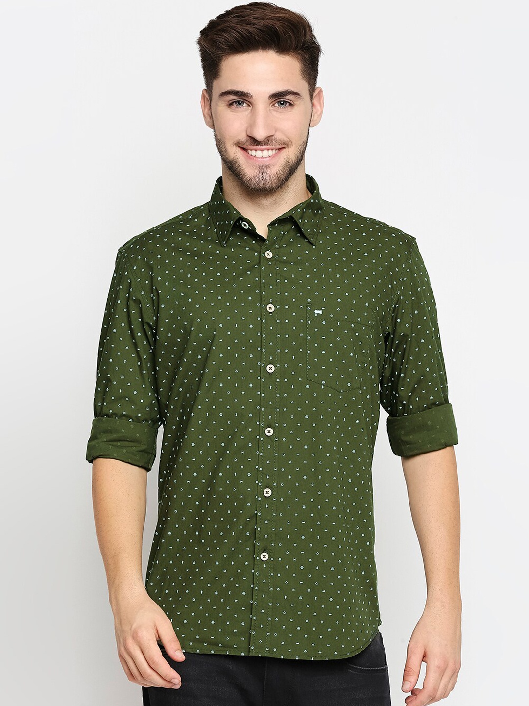 

Basics Men Olive Green Slim Fit Opaque Printed Cotton Casual Shirt
