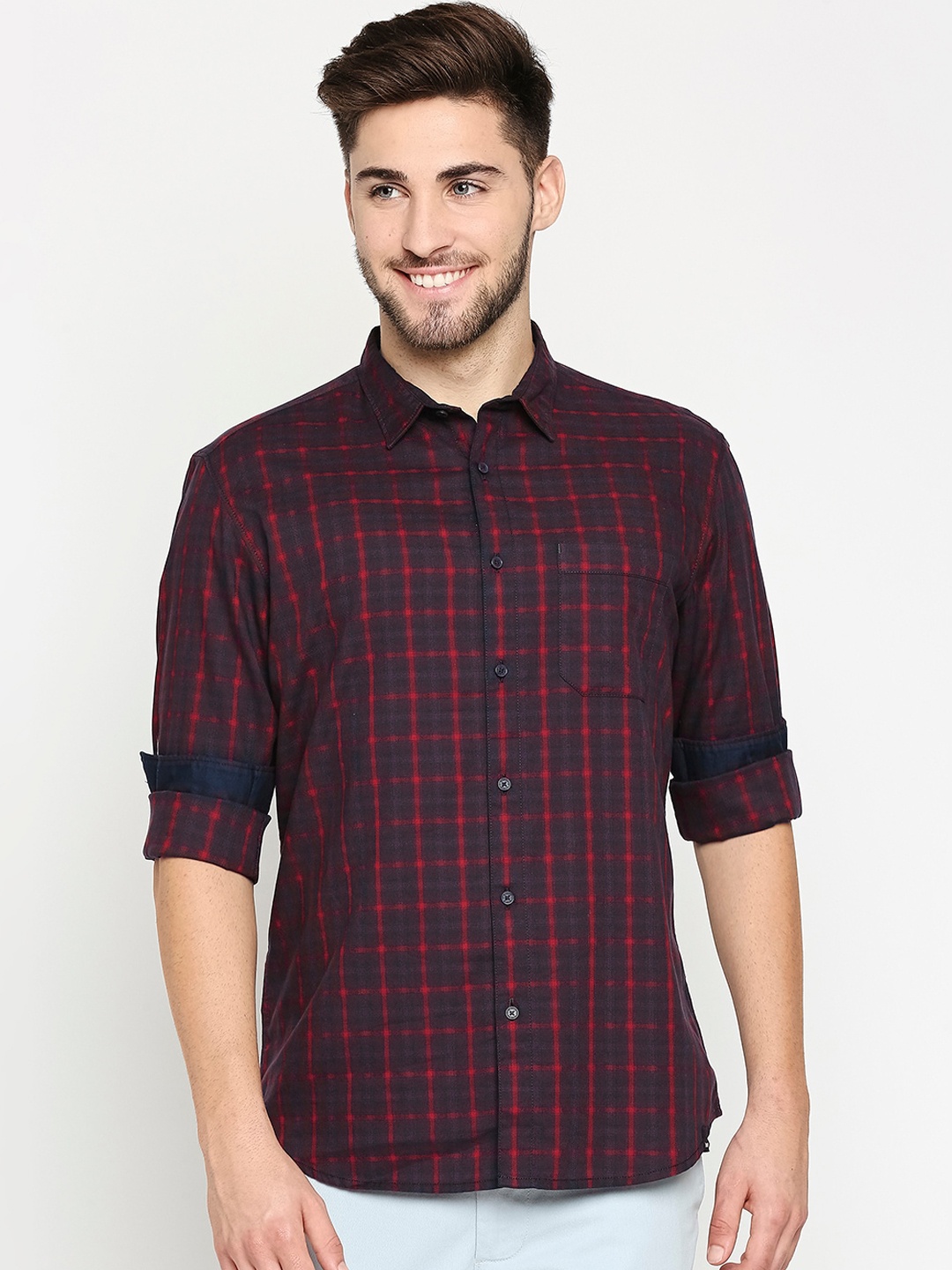 

Basics Men Red Slim Fit Opaque Checked Casual Shirt