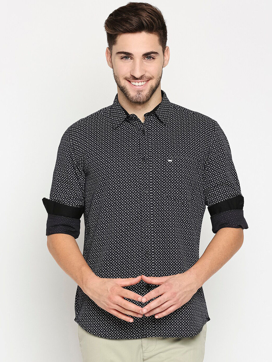 

Basics Men Charcoal Slim Fit Opaque Printed Casual Shirt