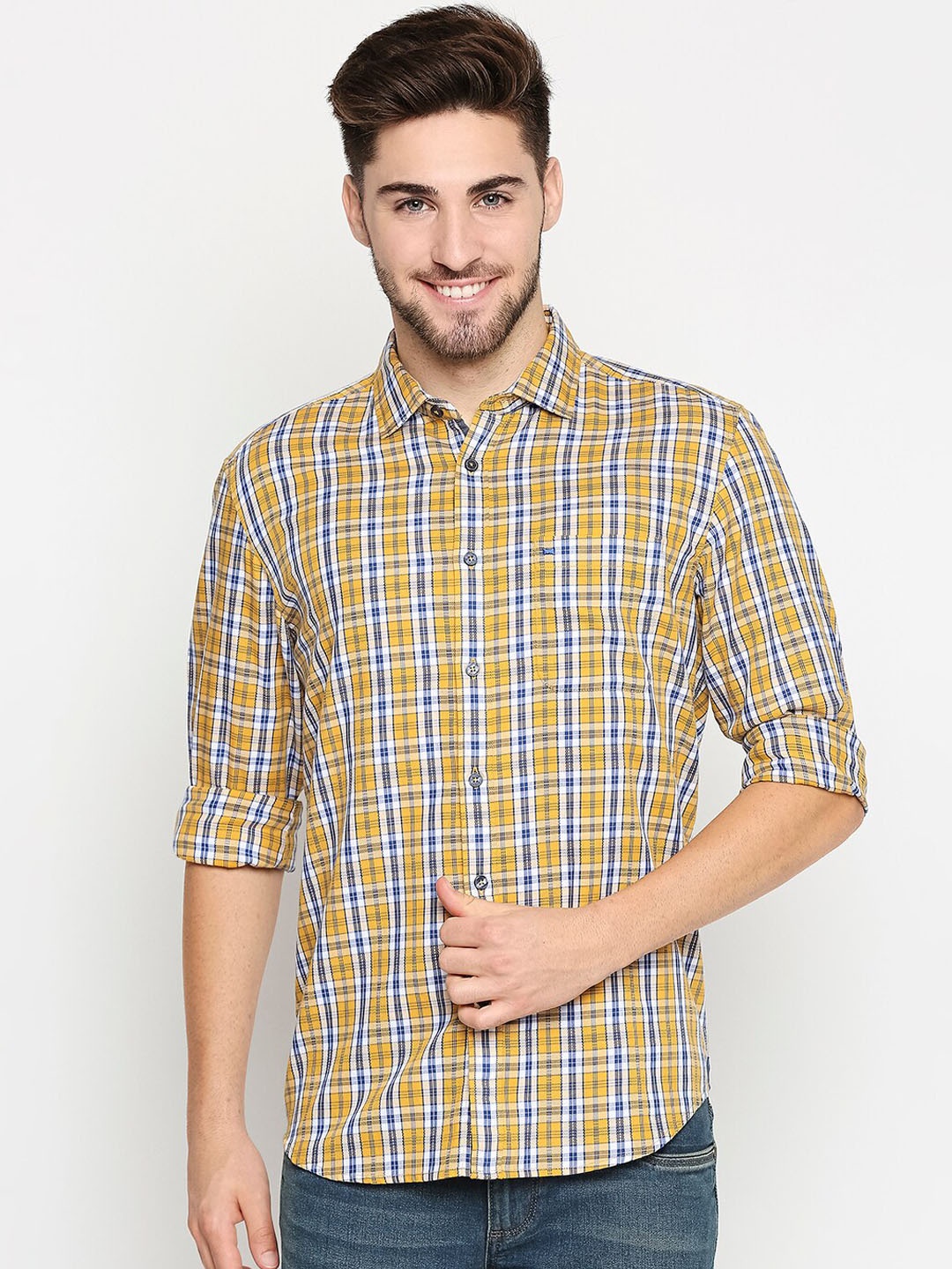 

Basics Men Yellow & Navy Blue Slim Fit Opaque Checked Casual Shirt